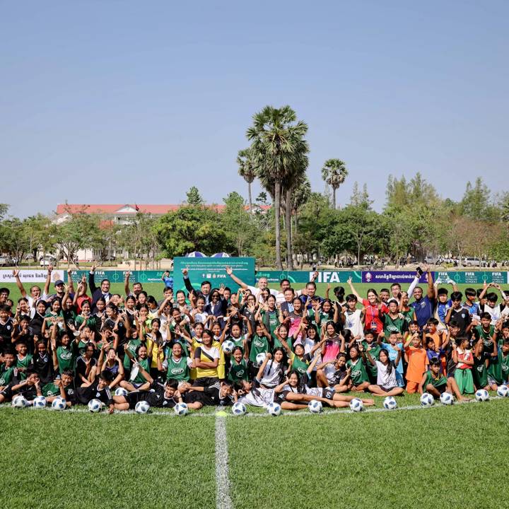 SIEM REAP, CAMBODIA - JANUARY 17: Group photo during the Launch of FIFA Football for Schools on January 17, 2023 in Siem Reap, Cambodia. (Photo courtesy of the Cambodian Premier League)