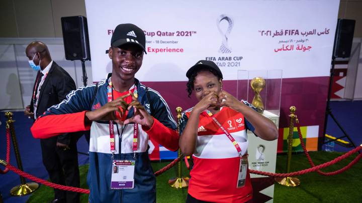 DOHA, QATAR - DECEMBER 05: The FIFA Arab Cup Volunteer Trophy Event at Doha Exhibition Center on December 05, 2021 in Doha, Qatar. (Photo by Oliver Hardt - FIFA/FIFA via Getty Images)