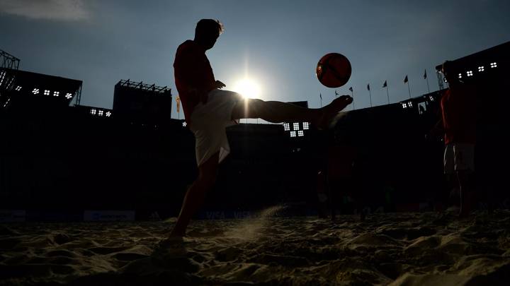 MOSCOW, RUSSIA - AUGUST 28: A silhouette is seen of Philipp Borer of Switzerland as he warms up prior to the FIFA Beach Soccer World Cup 2021 Semi Final match between Football Union Of Russia and Switzerland at Luzhniki Beach Soccer Stadium on August 28, 2021 in Moscow, Russia. (Photo by Octavio Passos - FIFA/FIFA via Getty Images)