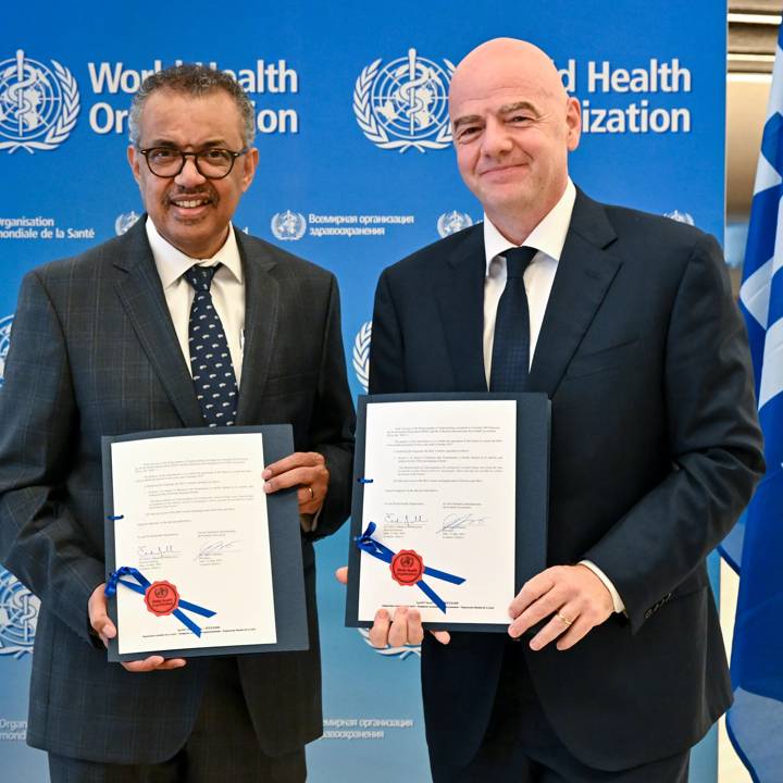 GENEVA, SWITZERLAND - MAY 21: FIFA President Gianni Infantino and World Health Organization Director-General Dr Tedros Adhanom Ghebreyesus sign extension of the Memorandum of Understanding between the two bodies on the sidelines of the 76th World Health Assembly on May 21, 2023 in Geneva, Switzerland. (Photo by Harold Cunningham/FIFA)