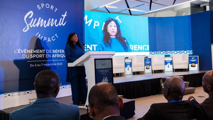 FIFA Secretary General, Fatma Samoura, speaks at the opening of the Sport Impact Summit in Dakar on 6 November, 2023. Dakar hosted the first edition of the Sport Impact Summit a reference event at the core of the sport industry in Africa.