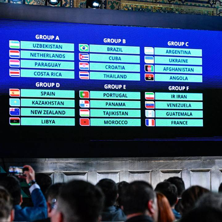 SAMARKAND, UZBEKISTAN - MAY 26: A view of the screen with the groups during the FIFA Futsal World Cup Uzbekistan 2024 draw at Registan Square on May 26, 2024 in Samarkand, Uzbekistan. (Photo by Islom Ruziev/UFA)