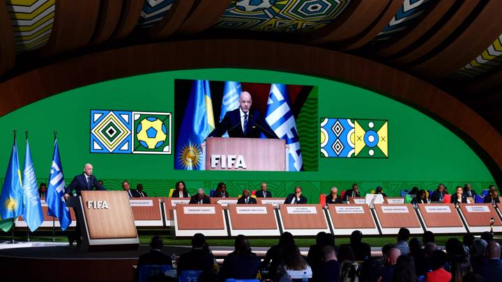 KIGALI, RWANDA - MARCH 16: Gianni Infantino, President of FIFA speaks during the 73rd FIFA Congress 2023 on March 16, 2023 in Kigali, Rwanda. (Photo by Tom Dulat - FIFA/FIFA via Getty Images)