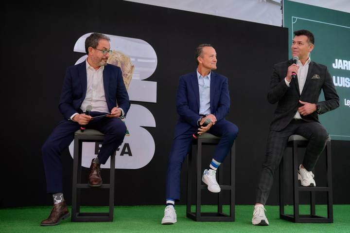 FIFA Legends Luis Hernández and Jared Borgetti on stage at a FIFA and Concacaf event with over 150 executives at a football business event at the iconic Estadio Azteca in Mexico City