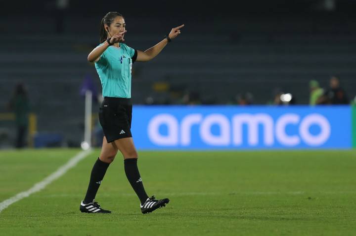 Referee Maria Sole Ferrieri gestures during FIFA U-20 Women's World Cup Colombia 2024