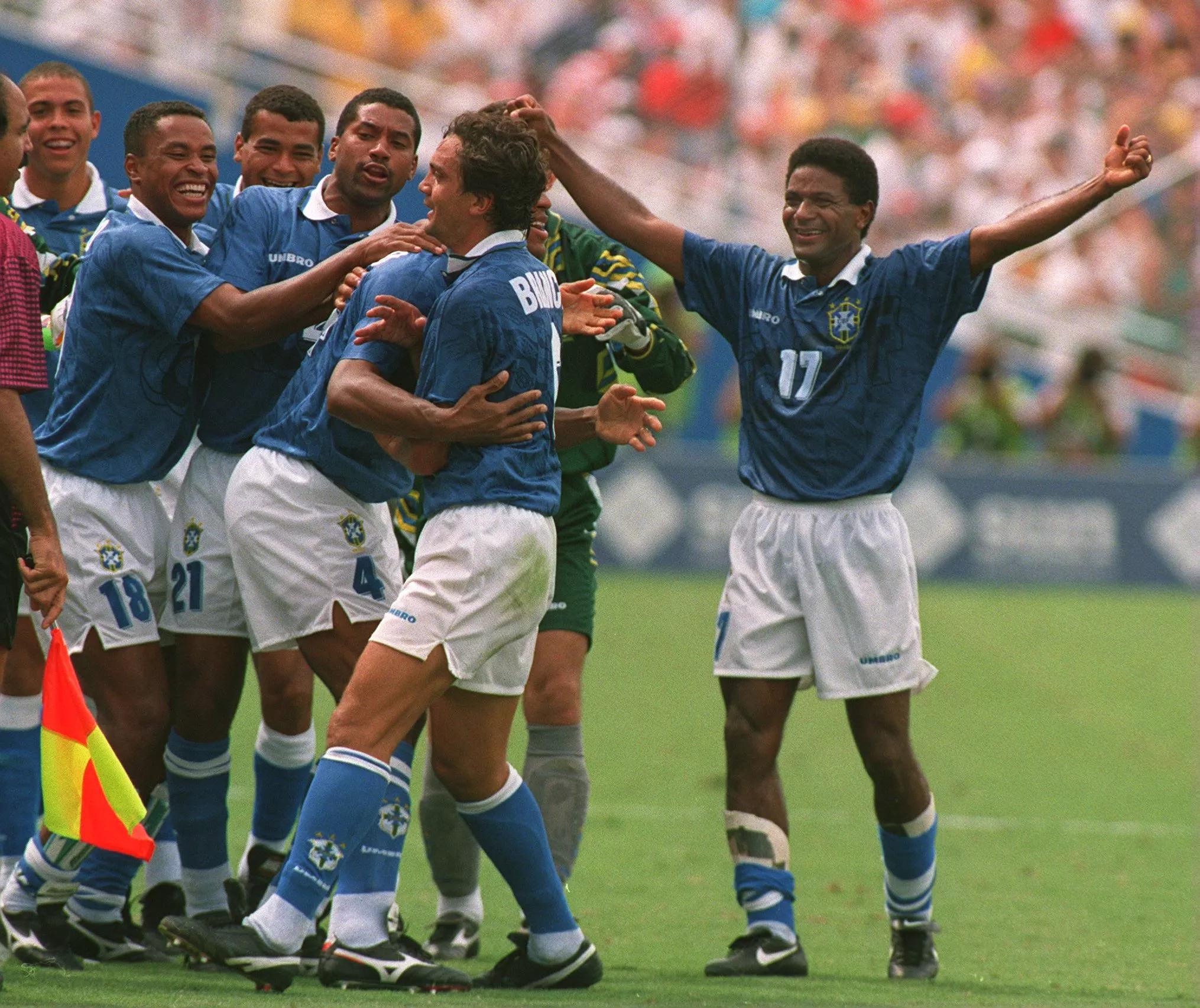 The Brazil players celebrate Branco's winner against the Netherlands in the USA 1994 quarter-finals