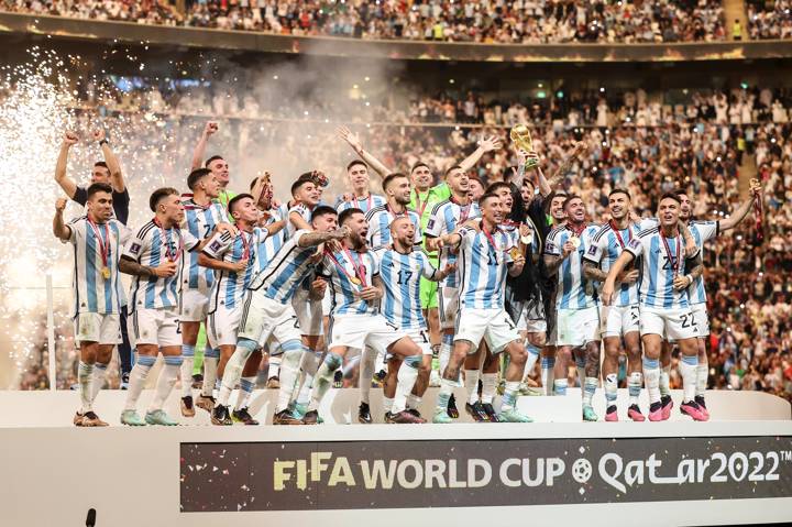 Lionel Messi of Argentina lifts the FIFA World Cup Qatar 2022 Winner's Trophy