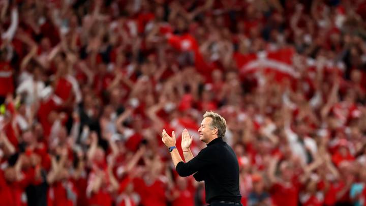 COPENHAGEN, DENMARK - JUNE 21: Kasper Hjulmand, Head Coach of Denmark celebrates after victory during the UEFA Euro 2020 Championship Group B match between Russia and Denmark at Parken Stadium on June 21, 2021 in Copenhagen, Denmark. (Photo by Martin Rose - UEFA/UEFA via Getty Images)