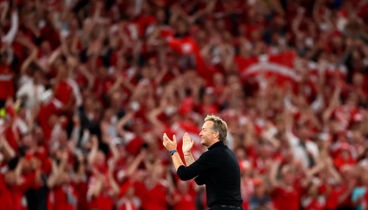 COPENHAGEN, DENMARK - JUNE 21: Kasper Hjulmand, Head Coach of Denmark celebrates after victory during the UEFA Euro 2020 Championship Group B match between Russia and Denmark at Parken Stadium on June 21, 2021 in Copenhagen, Denmark. (Photo by Martin Rose - UEFA/UEFA via Getty Images)