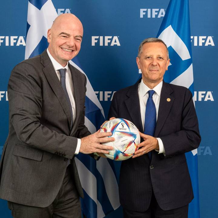 FRANCE, PARIS - JULY 1: FIFA President Gianni Infantino (L) and Hellenic Football Federation President Panagiotis Baltakos (R) during a meeting at FIFA Paris Offices on July 1, 2022 in Paris, France. (Photo by Christophe Caudroy - FIFA)