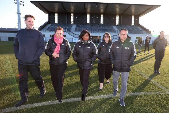 Rodolfo Villalobos President of Costa Rica Football (R) and FIFA Secretary General Fatma Samoura (C) visit the team base camp for Costa Rica at Nga Puna Wai Sports Hub