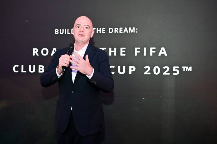 FIFA President Gianni Infantino speaks on stage during the FIFA House Paris Olympics Commercial Gathering at FIFA's Paris office