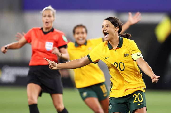 SYDNEY, AUSTRALIA - OCTOBER 26: Sam Kerr of the Matildas celebrates scoring a goal during the Women's International Friendly match between the Australia Matildas and Brazil at CommBank Stadium on October 26, 2021 in Sydney, Australia.