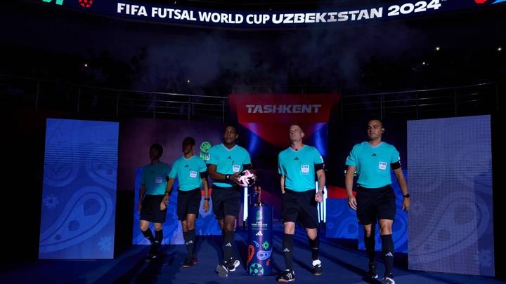 TASHKENT, UZBEKISTAN - SEPTEMBER 17: Match officials walk out during the FIFA Futsal World Cup Uzbekistan 2024 match between Uzbekistan and Paraguay at Humo Arena on September 17, 2024 in Tashkent, Uzbekistan. (Photo by Alex Caparros - FIFA/FIFA via Getty Images)