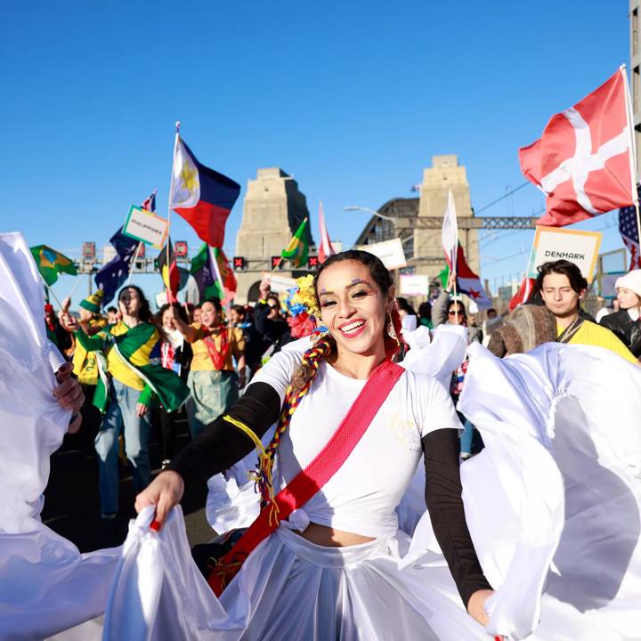 SYDNEY, AUSTRALIA - JUNE 25: Flag bearers take part in the FIFA Women's World Cup 2023 Sydney Harbour Bridge Unity Celebration on June 25, 2023 in Sydney, Australia. (Photo by Hanna Lassen/FIFA via Getty Images)