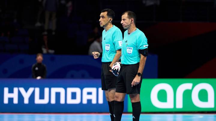 TASHKENT, UZBEKISTAN - SEPTEMBER 25: Referees Tarek Samy Aly Ahmed Elkhataby and Mohamed Hassan Hassan Ahmed Youssef look on during the FIFA Futsal World Cup Uzbekistan 2024 match between Paraguay and Afghanistan at Humo Arena on September 25, 2024 in Tashkent, Uzbekistan. (Photo by Alex Caparros - FIFA/FIFA via Getty Images)