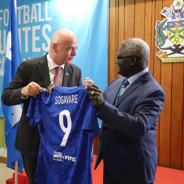 HONIARA, SOLOMON ISLANDS - AUGUST 14: FIFA President Gianni Infantino meets with Prime Minister of the Solomon Islands Manasseh Sogavare as part of his visit to Solomon Islands during the FIFA Women's World Cup Australia & New Zealand 2023 on August 14, 2023 in Honiara, Solomon Islands. (Photo by Limahl Totogi)