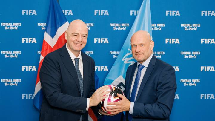 PARIS, FRANCE - APRIL 23: FIFA President Gianni Infantino alongside Football Association of Iceland (KSÍ) President Thorvaldur Örlygsson during a meeting on April 18, 2024 in Paris, France. (Photo by Claire-Lise Havet/FIFA)