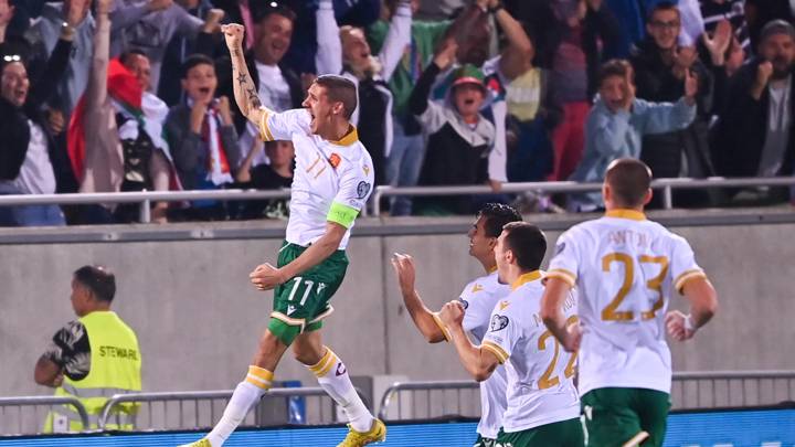 Bulgaria's forward Kiril Despodov (L) celebrates scoring his team's first goal during the UEFA Euro 2024 group G qualification football match between Bulgaria and Serbia in Razgrad, on June 20, 2023. (Photo by Nikolay DOYCHINOV / AFP) (Photo by NIKOLAY DOYCHINOV/AFP via Getty Images)