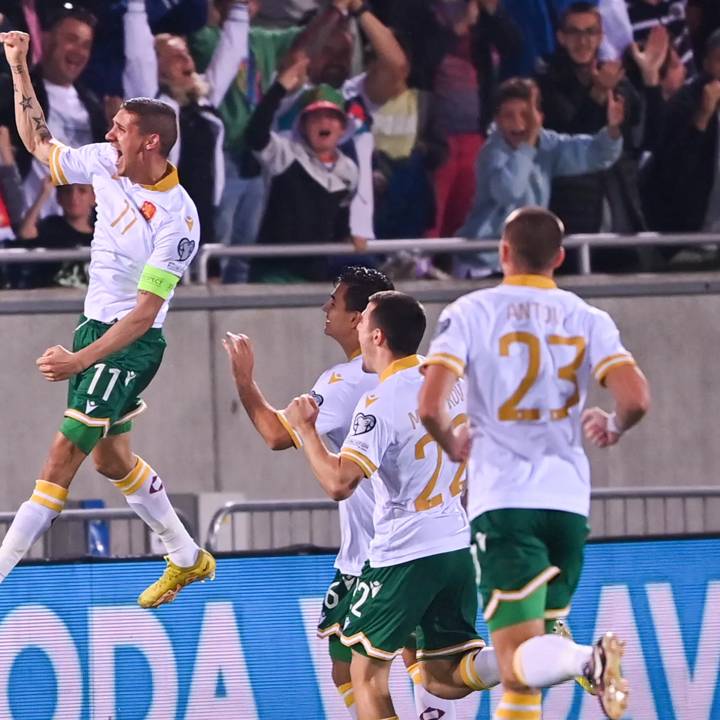 Bulgaria's forward Kiril Despodov (L) celebrates scoring his team's first goal during the UEFA Euro 2024 group G qualification football match between Bulgaria and Serbia in Razgrad, on June 20, 2023. (Photo by Nikolay DOYCHINOV / AFP) (Photo by NIKOLAY DOYCHINOV/AFP via Getty Images)