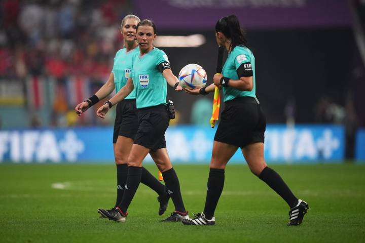 Stephanie Frappart, Assistant Referee, Karen Diaz Medina and Assistant Referee, Neuza Ines Back at Costa Rica v Germany: Group E - FIFA World Cup Qatar 2022