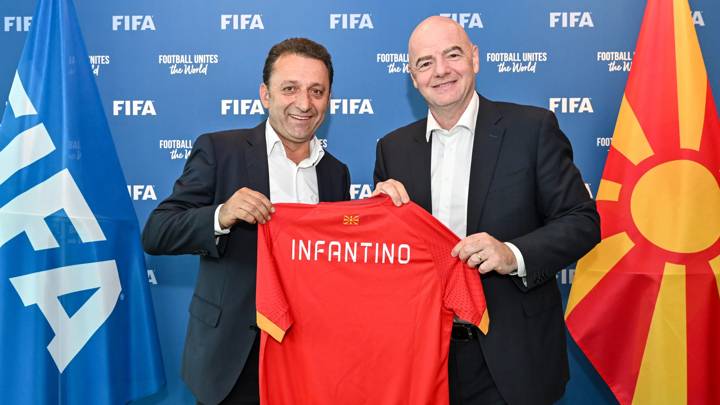 ZURICH, SWITZERLAND - OCTOBER 10: FIFA President Gianni Infantino with Football Federation of North Macedonia President Muamed Sejdini during a meeting with the Football Federation of North Macedonia at HoF, Home of FIFA on October 10, 2023 in Zurich, Switzerland. (Photo by Harold Cunningham/FIFA)