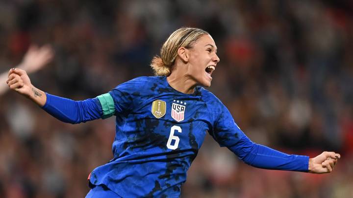 LONDON, ENGLAND - OCTOBER 07: Trinity Rodman of United States celebrates after scoring a goal, which is later disallowed for offside during the Women's International Friendly match between England and USA at Wembley Stadium on October 07, 2022 in London, England. (Photo by Michael Regan/Getty Images)