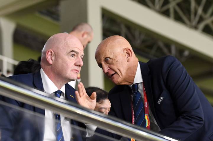 FIFA President Gianni Infantino (L) and FIFA Referee Committee Chairman Pierluigi Collina