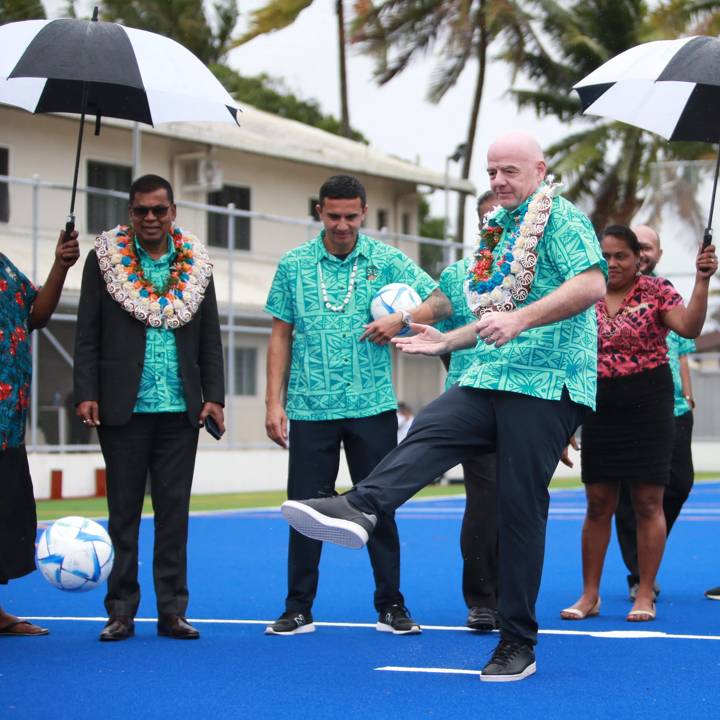 SUVA, FIJI -  AUGUST 05: FIFA President Gianni Infantino at the Fiji  FA HQ as part of his visit to Fiji during the FIFA Women's World Cup Australia & New Zealand 2023 on August 05, 2023 in Suva, Fiji. (Photo by Kirk Corrie)  