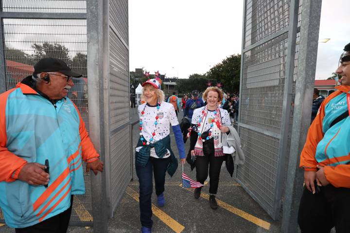 Rebecca Sheely and Janelle Sheely, the '1 Millionth Fan through the gates', arrive at Eden Park