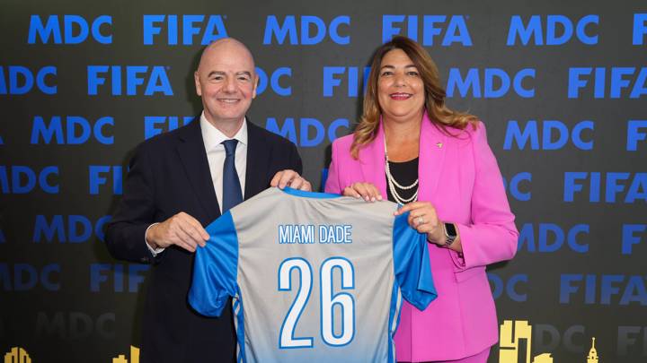 MIAMI, FLORIDA - APRIL 29: FIFA President Gianni Infantino and Miami Dade College President Madeline Pumariega during the FIFA and Miami Dade College collaboration announcement on April 29, 2024 in Miami, Florida, United States of America. (Photo Courtesy of Miami Dade College)