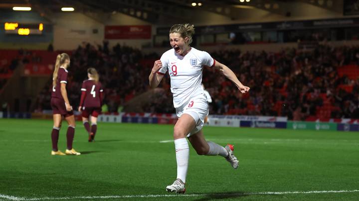 DONCASTER, ENGLAND - NOVEMBER 30: Ellen White of England celebrates after scoring their side's third goal and becoming the England Women All Time Top Goal Scorer during the FIFA Women's World Cup 2023 Qualifier group D match between England and Latvia at Keepmoat Stadium on November 30, 2021 in Doncaster, United Kingdom. (Photo by Catherine Ivill/Getty Images)