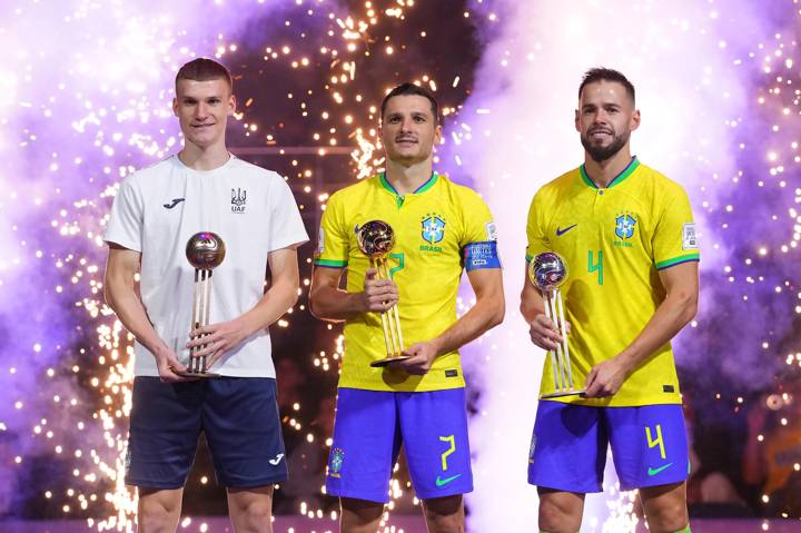 adidas gold ball winner Dyego of Brazil, adidas silver ball winner Marlon of Brazil and adidas bronze ball winner Rostyslav Semenchenko of Ukraine 