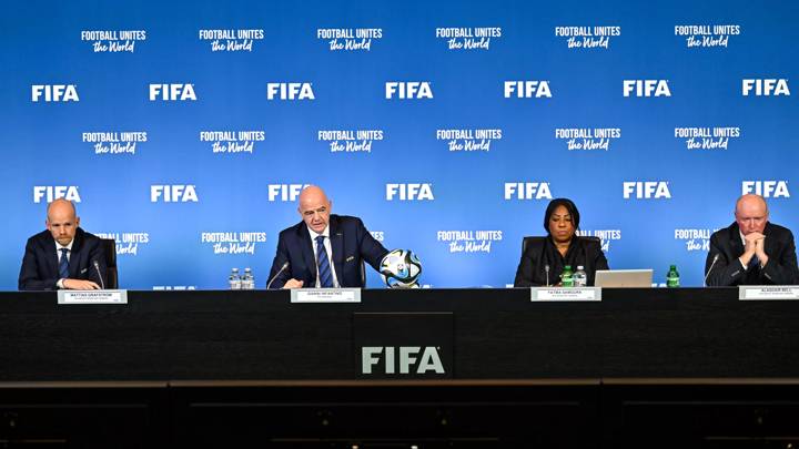 ZURICH, SWITZERLAND - FEBRUARY 14: (L-R) FIFA Deputy Secretary General Football Mattias Grafström, FIFA President Gianni Infantino, FIFA Secretary General Fatma Samoura and FIFA Deputy Secretary General Alasdair Bell during FIFA Council meeting no. 22 at HoF, Home of FIFA on February 14, 2023 in Zurich, Switzerland. (Photo by Harold Cunningham/FIFA)