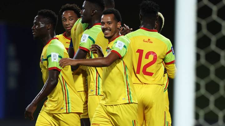 JEDDAH, SAUDI ARABIA - MARCH 21: Players of Guinea celebrate their team's fourth goal scored by Mamadou Kane (hidden) during the FIFA Series 2024 Saudi Arabia match between Guinea and Vanuatu at King Abdullah Sports City on March 21, 2024 in Jeddah, Saudi Arabia. (Photo by Yasser Bakhsh - FIFA/FIFA via Getty Images)