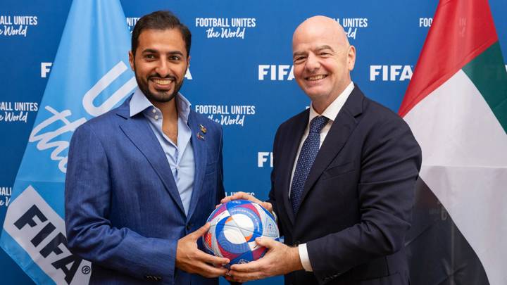 PARIS, FRANCE - JULY 29: FIFA President Gianni Infantino meets with Vice President of UAE Olympic Committee Sheikh Rashid bin Humaid Al Nuaimi at FIFA's Paris office on July 29, 2024 in Paris, France. (Photo by Léo-Paul Ridet/FIFA)