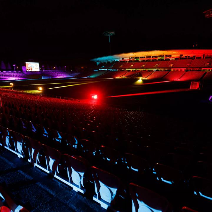 HAMILTON, NEW ZEALAND - JULY 20: The stadium lit up with unity lights during FIFA Women's World Cup 'One Year To Go' event at FMG Stadium Waikato on July 20, 2022 in Hamilton, New Zealand. (Photo by Mike Walen/Getty Images for FIFA)