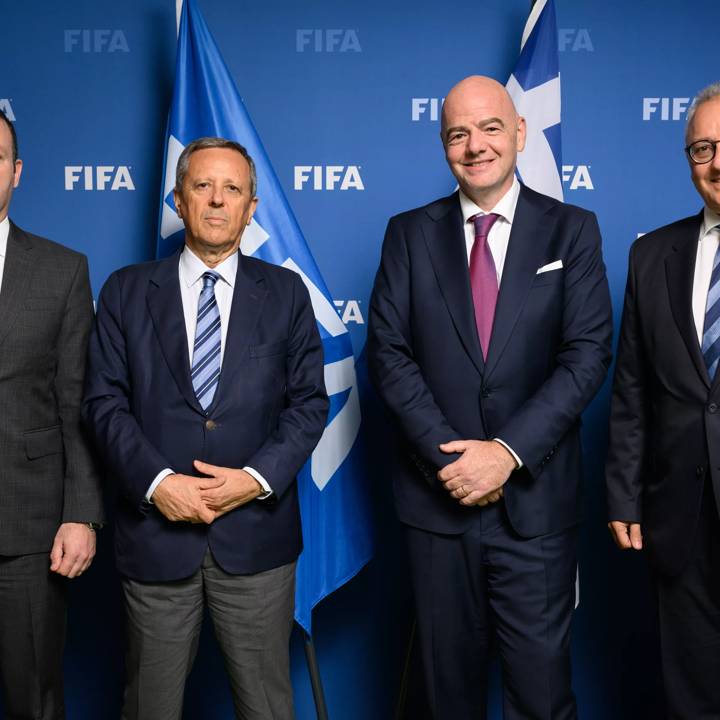 PARIS, FRANCE - SEPTEMBER 07: FIFA Director Member Associations Europe Elkhan Mammadov, Hellenic Football Federation President Panagiotis Baltakos, FIFA President Gianni Infantino and Hellenic Football Federation General Secretary Iakovos Filippousis meet at FIFA Paris offices on September 7, 2022 in Paris, France. (Photo by Harold Cunningham/FIFA)