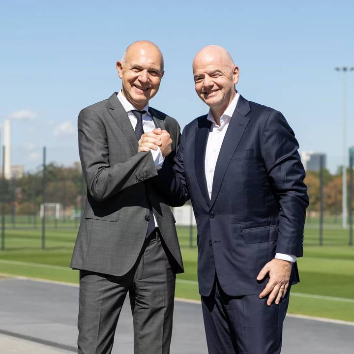 FRANKFURT, GERMANY - SEPTEMBER 05: FIFA President Gianni Infantino and Bernd Neuendorf, DFB-President, during a FIFA visit to German Football Association at German Football Association HQ on September 06, 2022 in Frankfurt am Main, Germany. (Photo by Julius Nieweler/DFB)