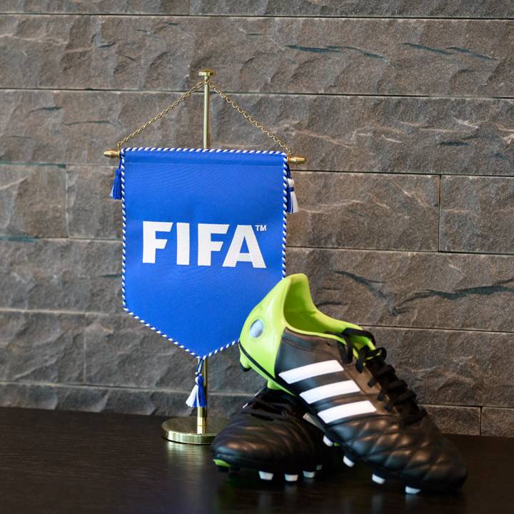 ZURICH, SWITZERLAND - MAY 27: Pennant with logo and shoes in HoF during a FIFA Town Hall Meeting at the Home of FIFA on May 27, 2021 in Zurich, Switzerland. (Photo by Harold Cunningham - FIFA)