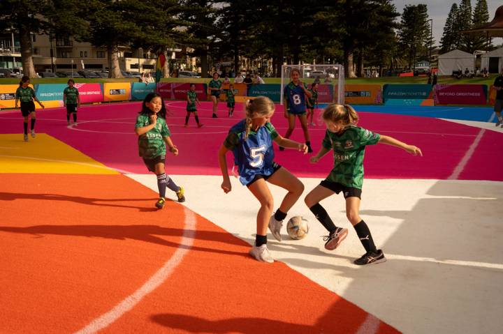 Kids play on the FIFA Women’s World Cup Unity pitch in Adelaide/Tarntanya. 