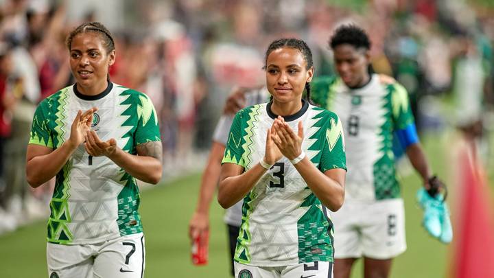 AUSTIN, TX - JUNE 16: Nigeria defender Salome Zogg (3) and forward Ebinemiere Bokiri (7) celebrate with fans after game action during a Summer Series friendly international match between Nigeria and the United States on June 16, 2021 at Q2 Stadium in Austin, TX. (Photo by Robin Alam/Icon Sportswire via Getty Images)