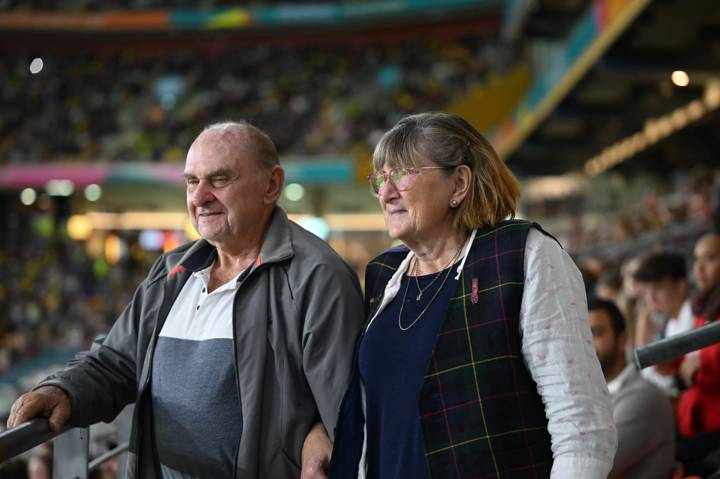 The parents of Australian referee Kate Jacewicz watch her in action