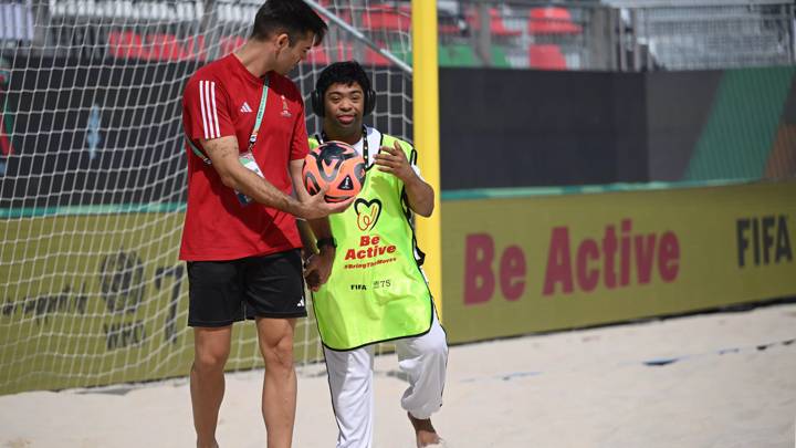 DUBAI, UNITED ARAB EMIRATES - FEBRUARY 20: FIFA Beach Soccer Clinic during the FIFA Beach Soccer World Cup UAE 2024 on February 20, 2024 in Dubai, United Arab Emirates. (Photo by Tullio Puglia - FIFA/FIFA via Getty Images)