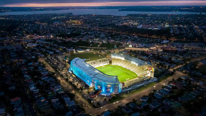 An aerial view of Eden Park by night