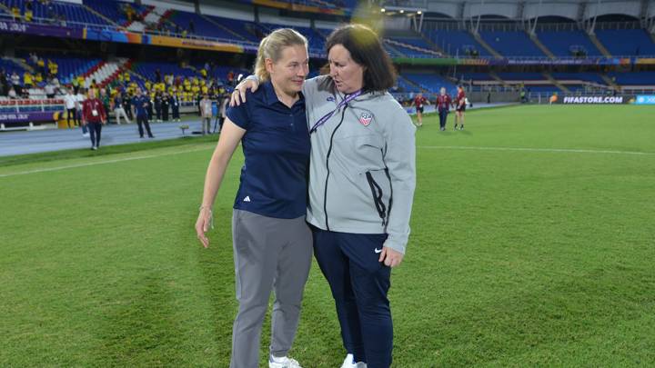 CALI, COLOMBIA - SEPTEMBER 15: (L-R)  Kathrin Peter, Head Coach of Germany, greets Tracey Kevins, Head Coach of USA, after a penalty shootout following the FIFA U-20 Women's World Cup Colombia 2024 Quarterfinal match between USA and Germany at Estadio Pascual Guerrero on September 15, 2024 in Cali, Colombia. (Photo by Gabriel Aponte - FIFA/FIFA via Getty Images)