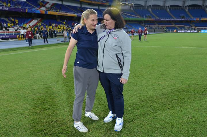  (L-R) Kathrin Peter, Head Coach of Germany, greets Tracey Kevins, Head Coach of USA, a