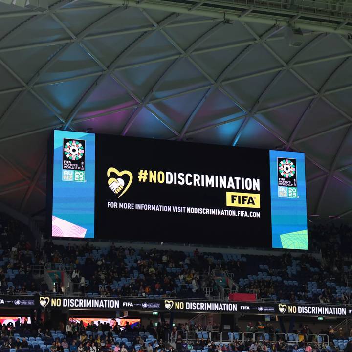 SYDNEY, AUSTRALIA - AUGUST 02: #NoDiscrimination / No Discrimination LED Boards during the FIFA Women's World Cup Australia & New Zealand 2023 Group F match between Panama and France at Sydney Football Stadium on August 02, 2023 in Sydney, Australia. (Photo by Mark Metcalfe - FIFA/FIFA via Getty Images)