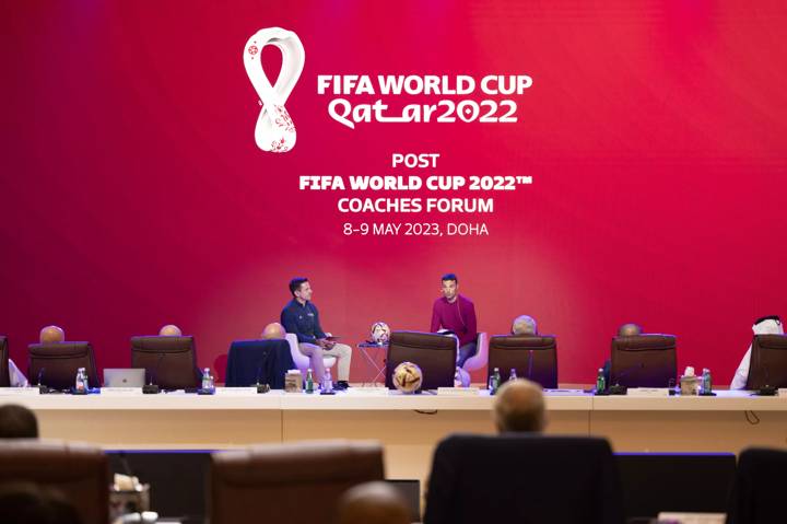 FIFA Competition Director Manolo Zubiria interviews Argentina's Head Coach Lionel Scaloni during the Post FIFA World Cup Qatar 2022 Coaches Forum 