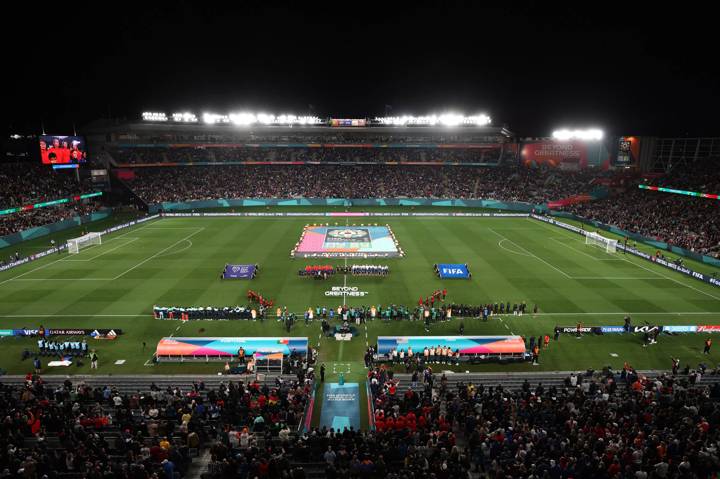 Players and match officials line up prior to the FIFA Women's World Cup Australia & New Zealand 2023 Group E match between Portugal and USA at Eden Park